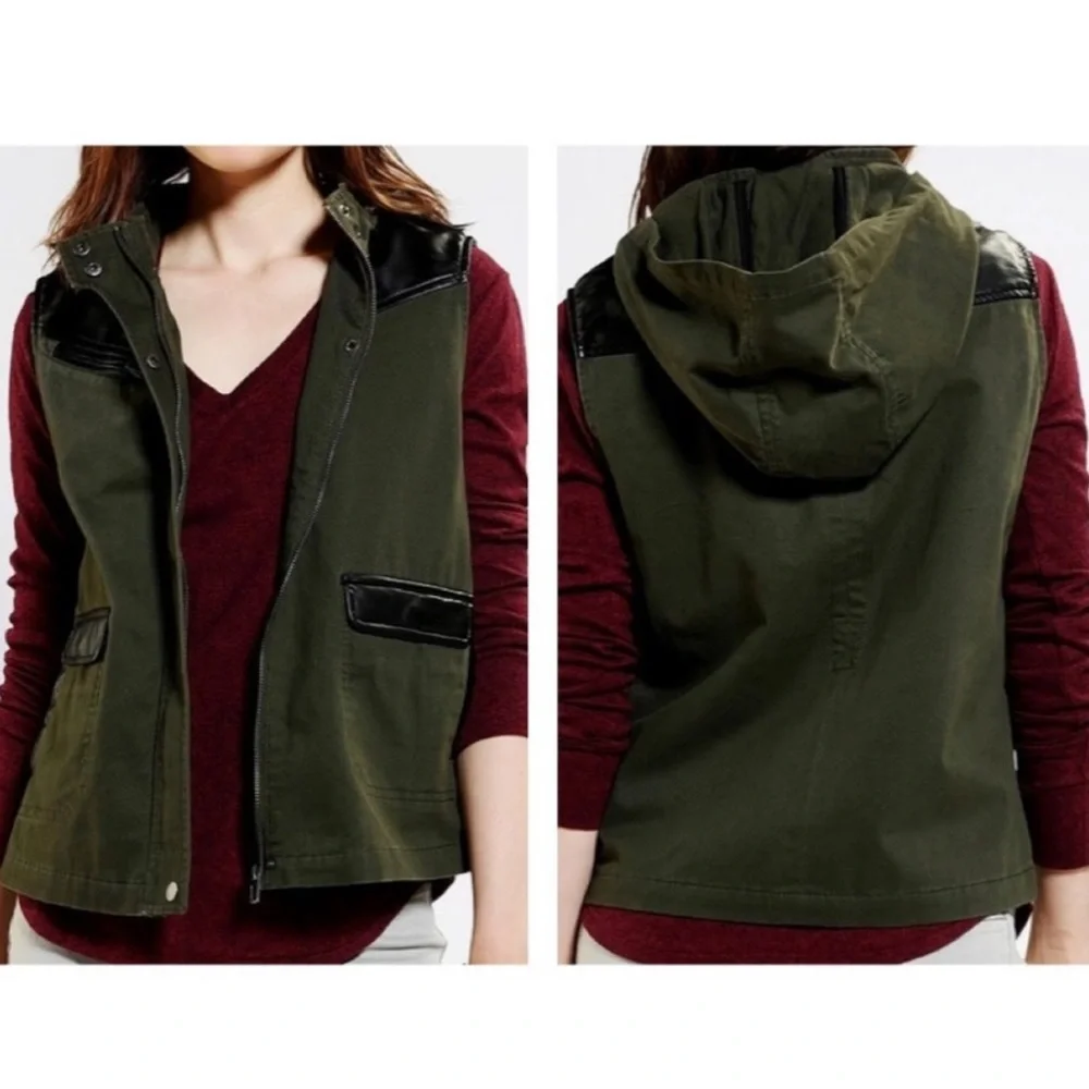 BDG Army Green & Faux leather Hooded Utility Vest Size XS - Picture 2 of 10
